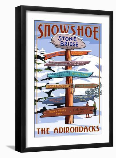 New York - the Adirondacks - Stone Bridge Snowshoe Signpost-Lantern Press-Framed Art Print