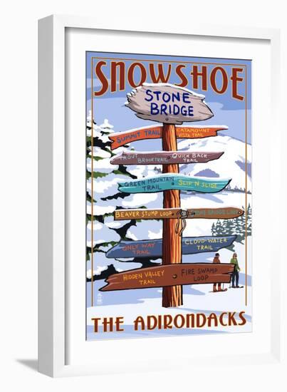 New York - the Adirondacks - Stone Bridge Snowshoe Signpost-Lantern Press-Framed Art Print