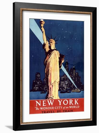 New York Travel By Train Statue of Liberty Vintage Travel Poster-null-Framed Art Print