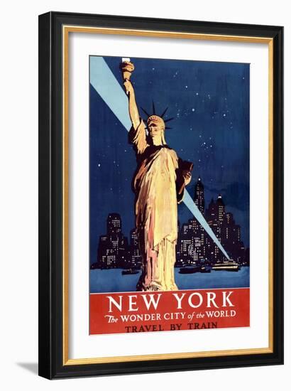 New York Travel By Train Statue of Liberty Vintage Travel Poster-null-Framed Art Print