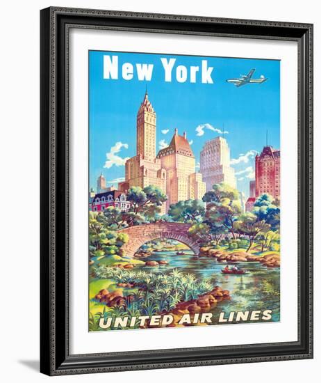 New York - United Air Lines - Gapstow Bridge at Central Park South Pond, Manhattan-Joseph Feher-Framed Giclee Print