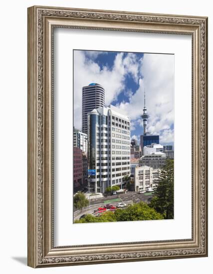 New Zealand, North Island, Auckland. CBD skyline and Sky Tower-Walter Bibikow-Framed Photographic Print