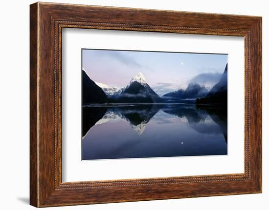 New Zealand, Nuova Zelanda, Fiordland, Milford Sound and Moon During a Cold and Misty Sunrise.-Andrea Pozzi-Framed Photographic Print