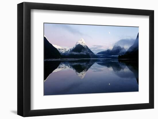 New Zealand, Nuova Zelanda, Fiordland, Milford Sound and Moon During a Cold and Misty Sunrise.-Andrea Pozzi-Framed Photographic Print