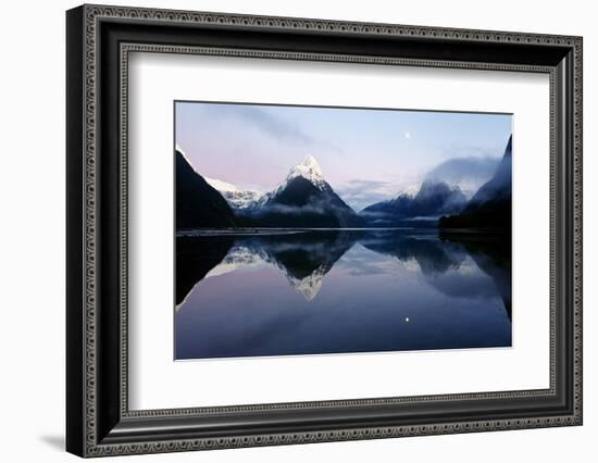 New Zealand, Nuova Zelanda, Fiordland, Milford Sound and Moon During a Cold and Misty Sunrise.-Andrea Pozzi-Framed Photographic Print