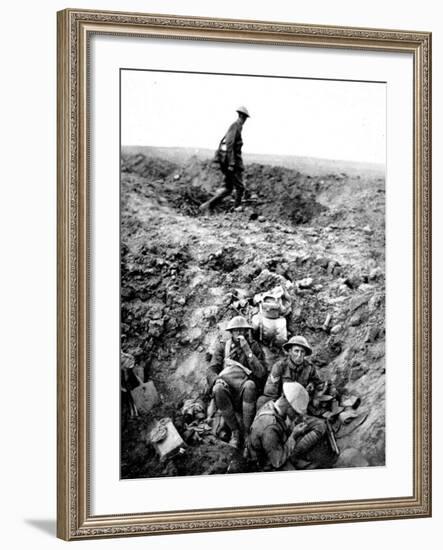 New Zealand Soldiers Resting in Shell-Hole-null-Framed Photographic Print