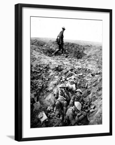 New Zealand Soldiers Resting in Shell-Hole-null-Framed Photographic Print