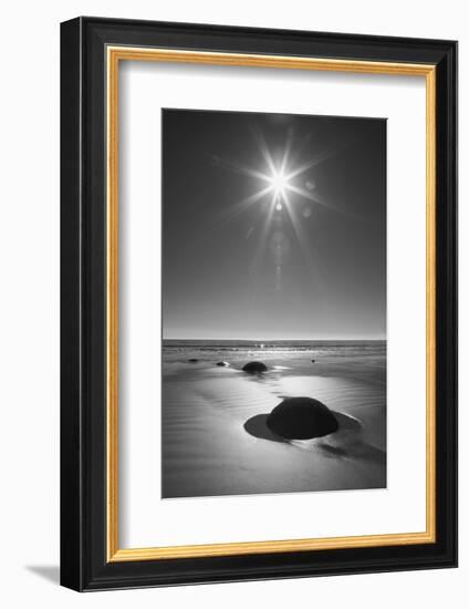 New Zealand, South Island. BW starburst over Moeraki Boulders Scenic Reserve.-Jaynes Gallery-Framed Photographic Print