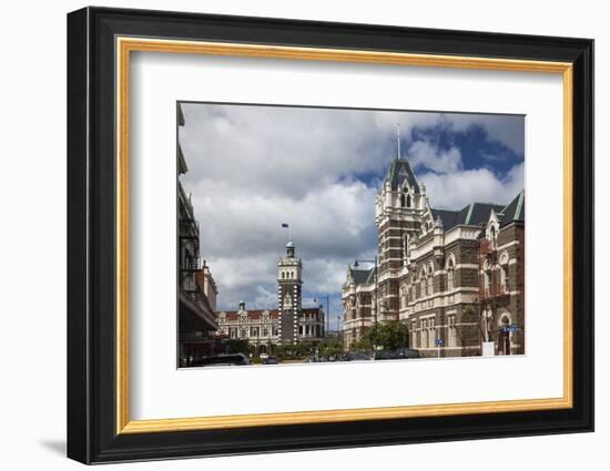 New Zealand, South Island, Otago, Dunedin, Railway Station and Dunedin High Courts-Walter Bibikow-Framed Photographic Print