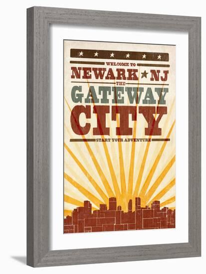 Newark, New Jersey - Skyline and Sunburst Screenprint Style-Lantern Press-Framed Art Print