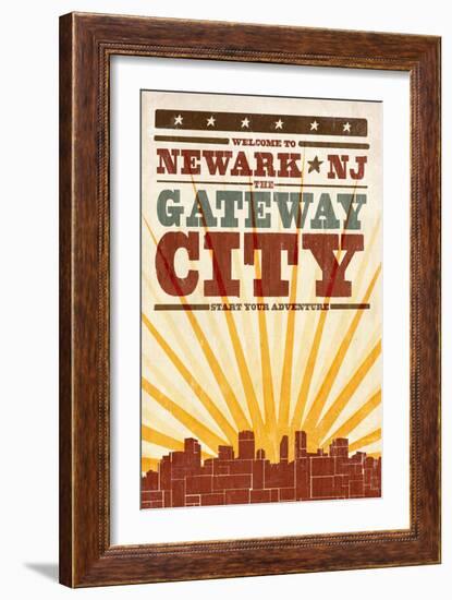 Newark, New Jersey - Skyline and Sunburst Screenprint Style-Lantern Press-Framed Art Print