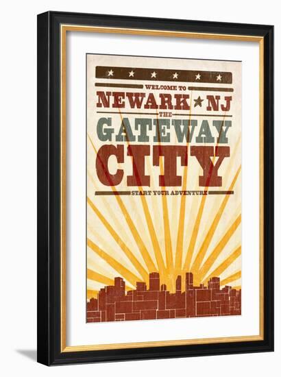 Newark, New Jersey - Skyline and Sunburst Screenprint Style-Lantern Press-Framed Art Print