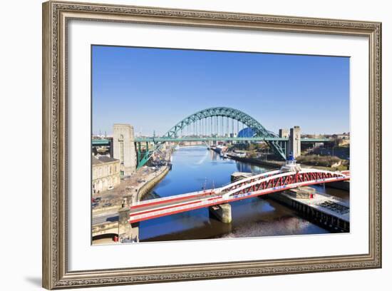 Newcastle Upon Tyne City with Tyne Bridge and Swing Bridge over River Tyne-Neale Clark-Framed Photographic Print