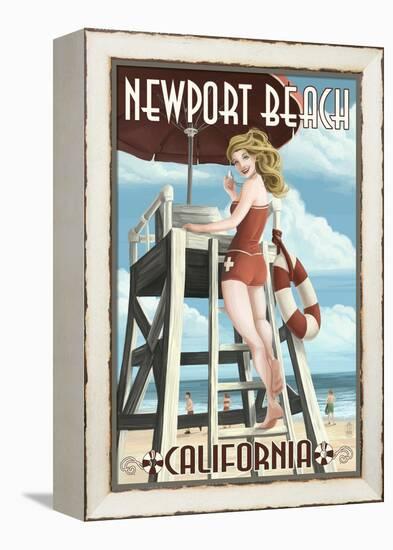 Newport Beach, California - Lifeguard Pinup-Lantern Press-Framed Stretched Canvas