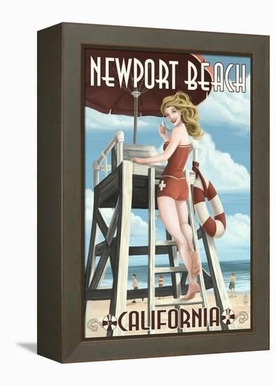 Newport Beach, California - Lifeguard Pinup-Lantern Press-Framed Stretched Canvas