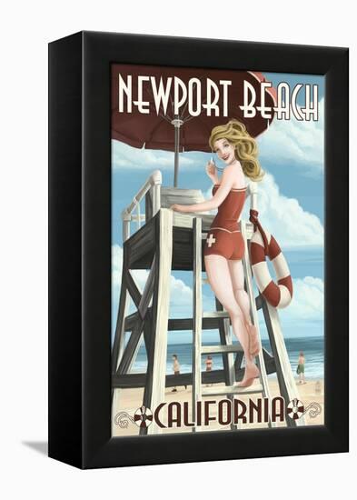 Newport Beach, California - Lifeguard Pinup-Lantern Press-Framed Stretched Canvas