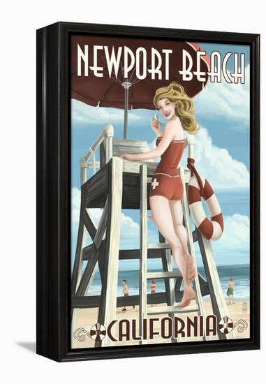 Newport Beach, California - Lifeguard Pinup-Lantern Press-Framed Stretched Canvas