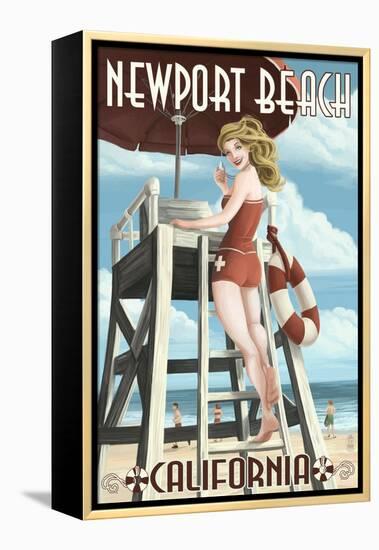 Newport Beach, California - Lifeguard Pinup-Lantern Press-Framed Stretched Canvas