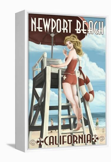 Newport Beach, California - Lifeguard Pinup-Lantern Press-Framed Stretched Canvas