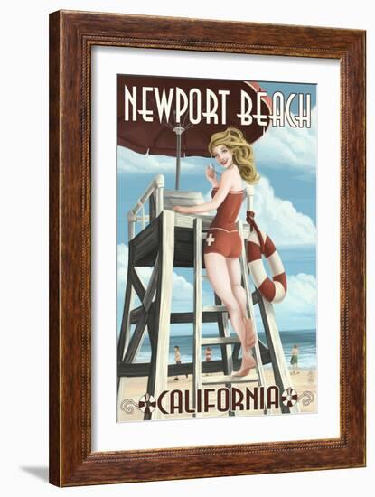 Newport Beach, California - Lifeguard Pinup-Lantern Press-Framed Art Print