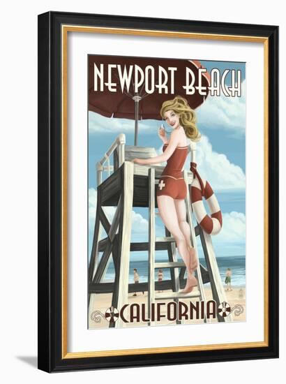 Newport Beach, California - Lifeguard Pinup-Lantern Press-Framed Art Print