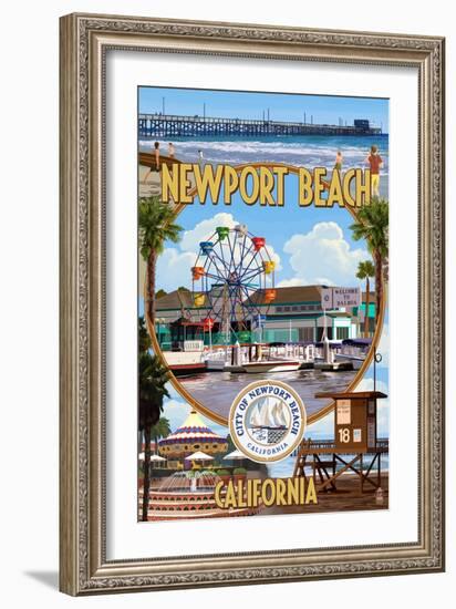 Newport Beach, California - Newport Beach Montage-Lantern Press-Framed Premium Giclee Print