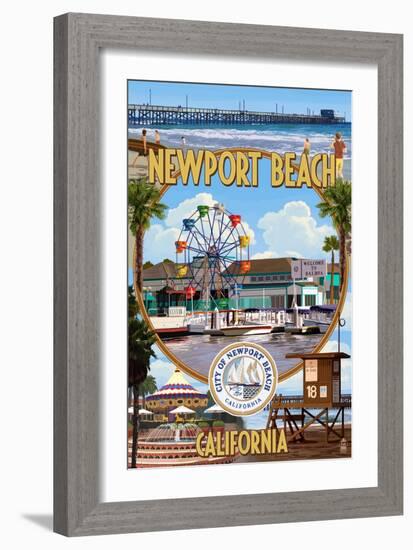 Newport Beach, California - Newport Beach Montage-Lantern Press-Framed Premium Giclee Print