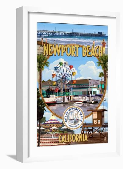 Newport Beach, California - Newport Beach Montage-Lantern Press-Framed Premium Giclee Print