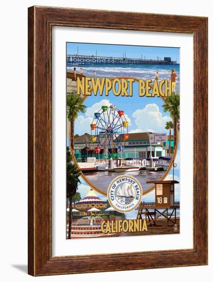 Newport Beach, California - Newport Beach Montage-Lantern Press-Framed Art Print