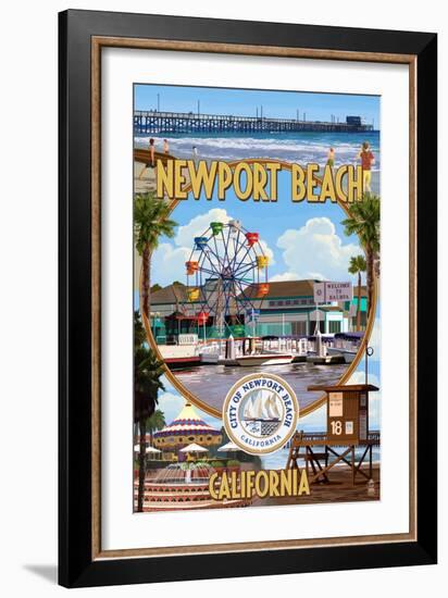Newport Beach, California - Newport Beach Montage-Lantern Press-Framed Art Print