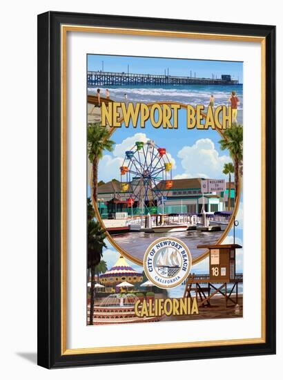 Newport Beach, California - Newport Beach Montage-Lantern Press-Framed Art Print