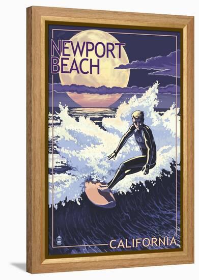 Newport Beach, California - Night Surfer-Lantern Press-Framed Stretched Canvas