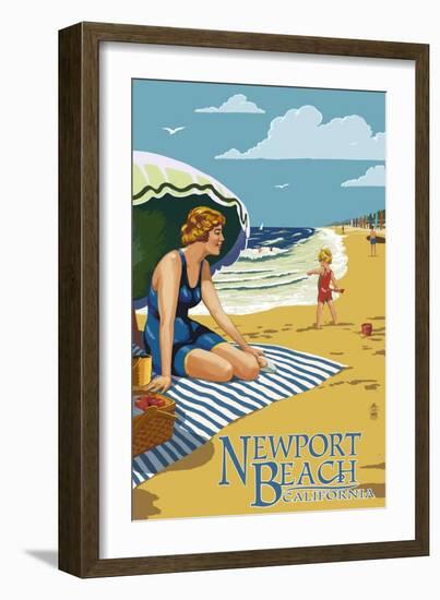 Newport Beach, California - Woman on the Beach-Lantern Press-Framed Art Print