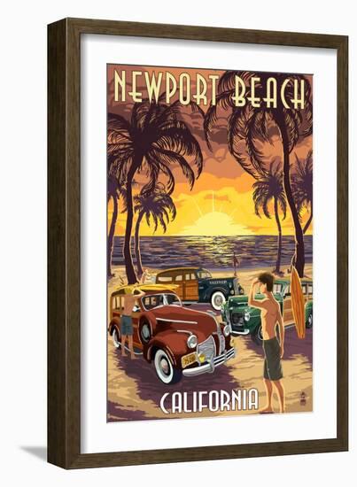 Newport Beach, California - Woodies and Sunset-Lantern Press-Framed Art Print