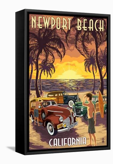 Newport Beach, California - Woodies and Sunset-Lantern Press-Framed Stretched Canvas