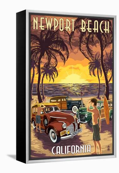 Newport Beach, California - Woodies and Sunset-Lantern Press-Framed Stretched Canvas