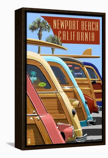 Newport Beach, California - Woodies Lined Up-Lantern Press-Framed Stretched Canvas