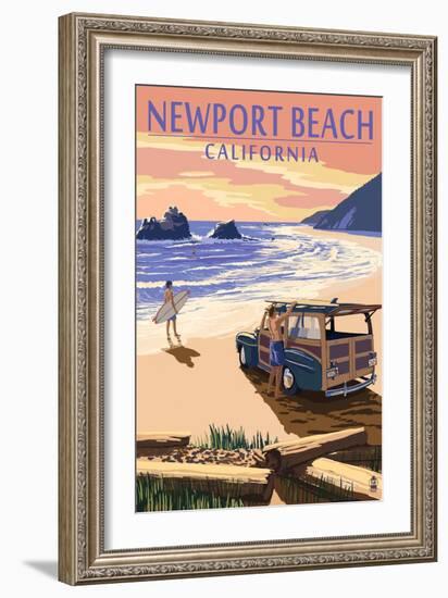 Newport Beach, California - Woody on Beach-Lantern Press-Framed Art Print