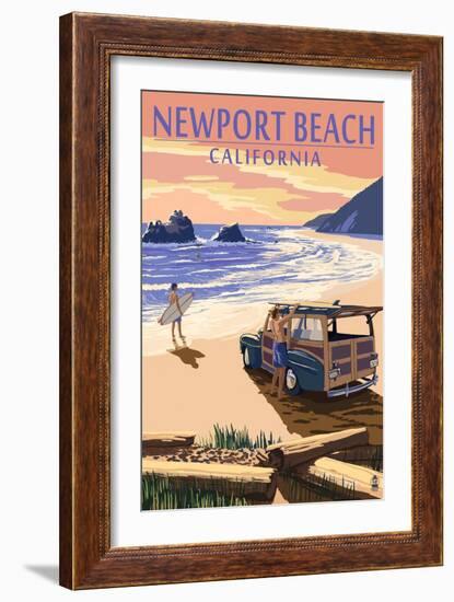 Newport Beach, California - Woody on Beach-Lantern Press-Framed Art Print