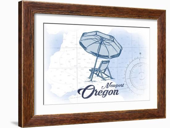 Newport, Oregon - Beach Chair and Umbrella - Blue - Coastal Icon-Lantern Press-Framed Art Print