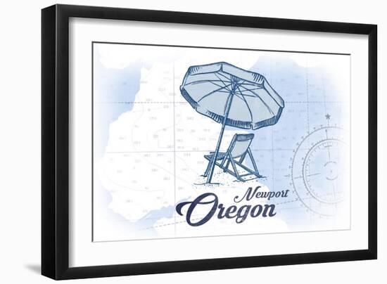 Newport, Oregon - Beach Chair and Umbrella - Blue - Coastal Icon-Lantern Press-Framed Art Print