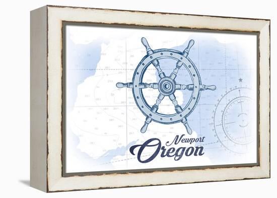 Newport, Oregon - Ship Wheel - Blue - Coastal Icon-Lantern Press-Framed Stretched Canvas