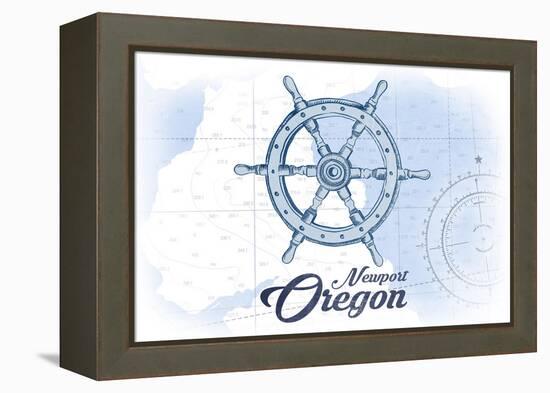 Newport, Oregon - Ship Wheel - Blue - Coastal Icon-Lantern Press-Framed Stretched Canvas