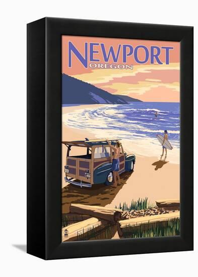 Newport, Oregon - Woody on Beach-Lantern Press-Framed Stretched Canvas