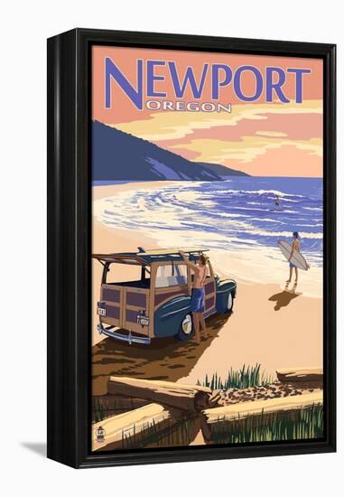 Newport, Oregon - Woody on Beach-Lantern Press-Framed Stretched Canvas