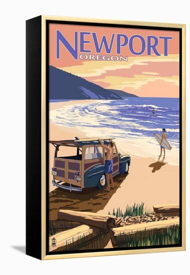 Newport, Oregon - Woody on Beach-Lantern Press-Framed Stretched Canvas