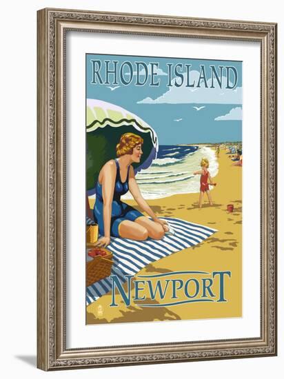 Newport, Rhode Island - Beach Scene-Lantern Press-Framed Art Print