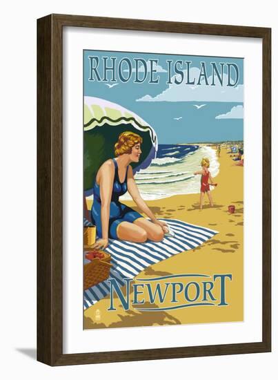 Newport, Rhode Island - Beach Scene-Lantern Press-Framed Art Print