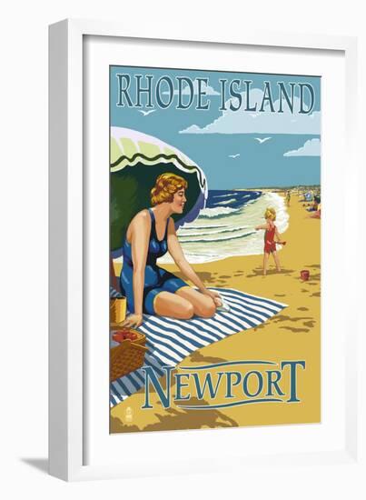 Newport, Rhode Island - Beach Scene-Lantern Press-Framed Art Print