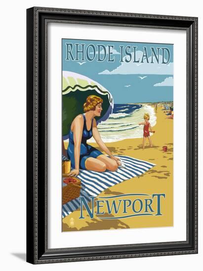 Newport, Rhode Island - Beach Scene-Lantern Press-Framed Art Print